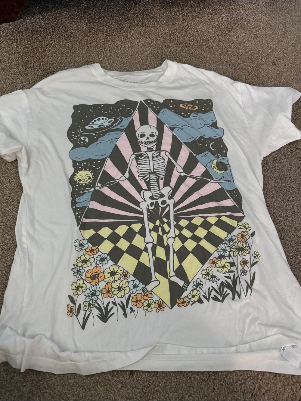 Skeleton Graphic Tee with Pastel Pink, Yellow & Blue